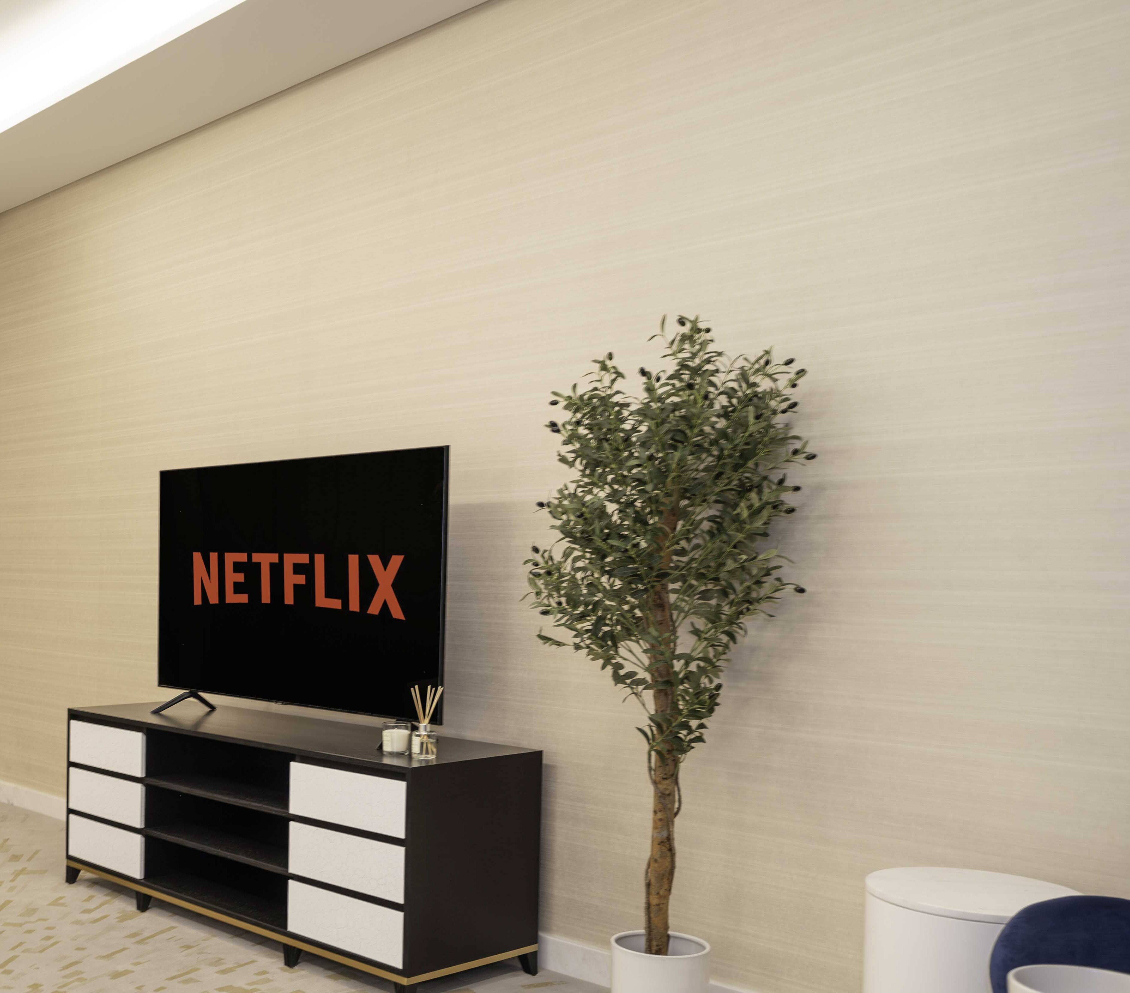 Ein modernes Wohnzimmer mit einem Flachbildfernseher, der "NETFLIX" anzeigt, einer minimalistischen Unterhaltungseinheit in Schwarz und Weiß und einer hohen Küsterpflanze.