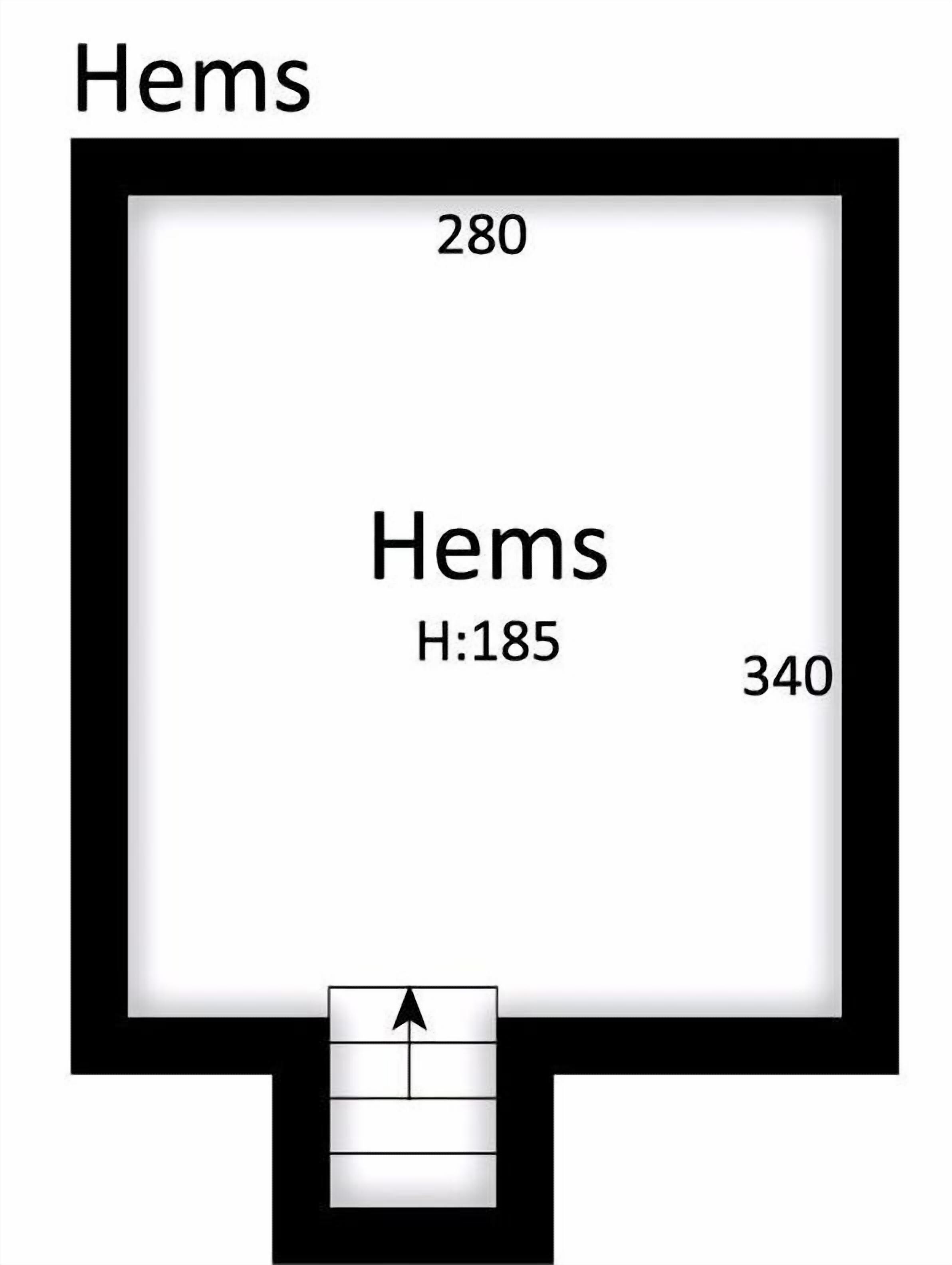 Plano de planta de una habitación llamada 'Hems' con dimensiones de 280x340 y una altura de 185.