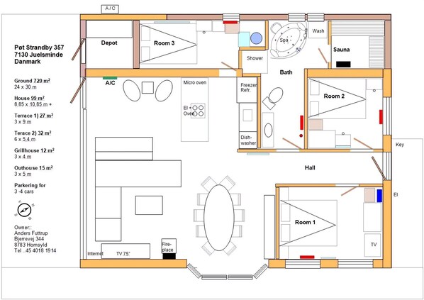 A floor plan of a house with a garage, two terraces, a kitchenette, a bathroom, a sauna, a dining area, and a TV.