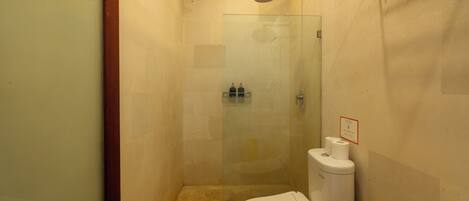 A small bathroom with a glass shower enclosure, a toilet, and a sink.
