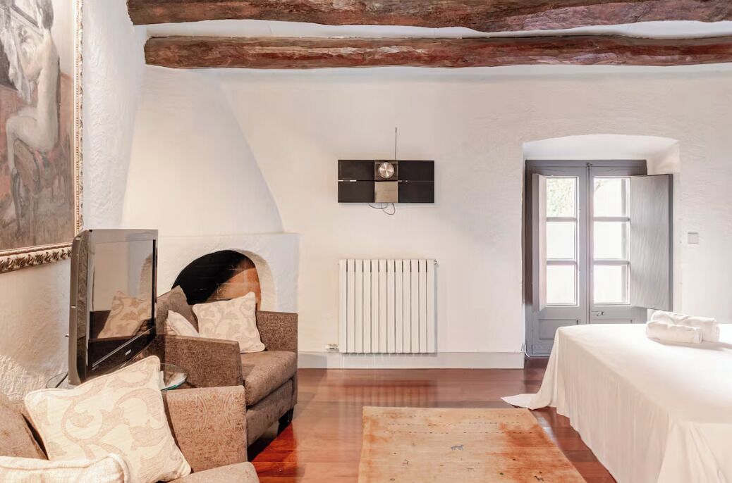 A room with a sofa, a bed, a radiator, a television mounted on the wall, and a door with windows.
