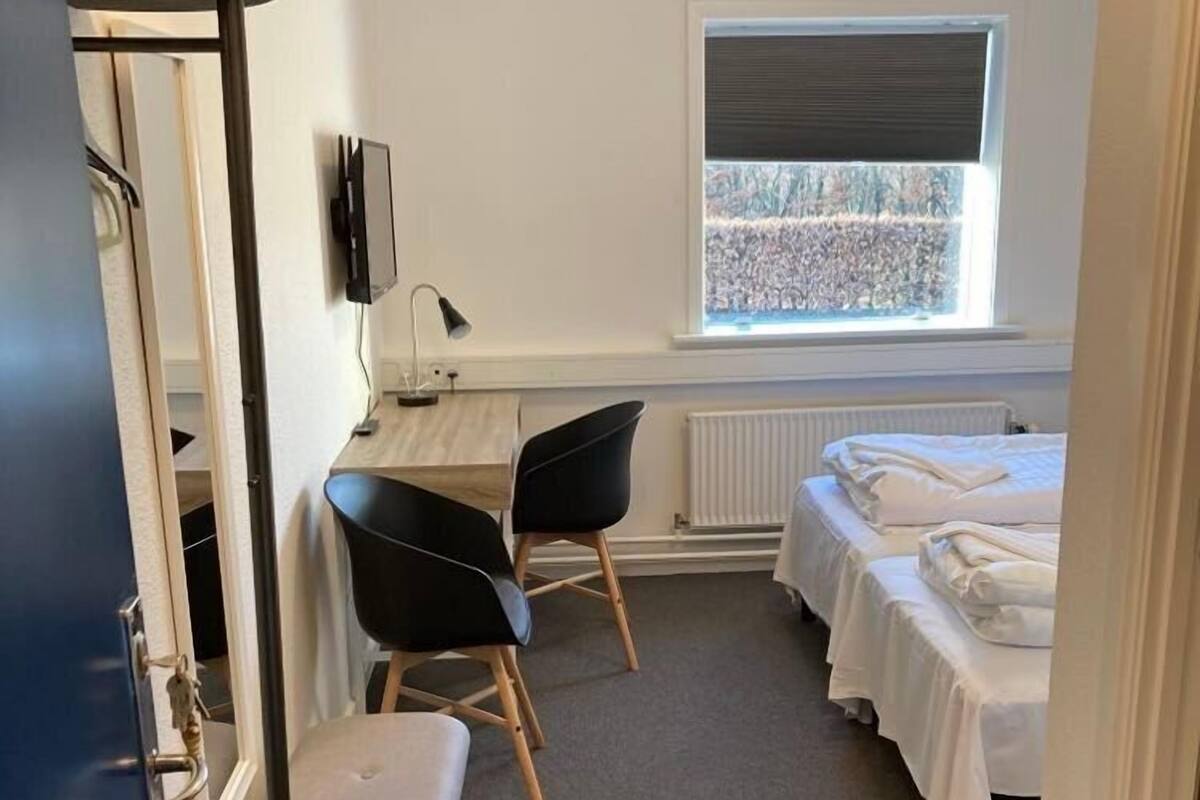 A compact hotel room with a desk, two chairs, a bed with two pillows, a radiator, and a window with a view of trees.