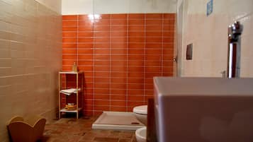 Un bagno con doccia, WC e un piccolo ripiano con articoli da toilette.