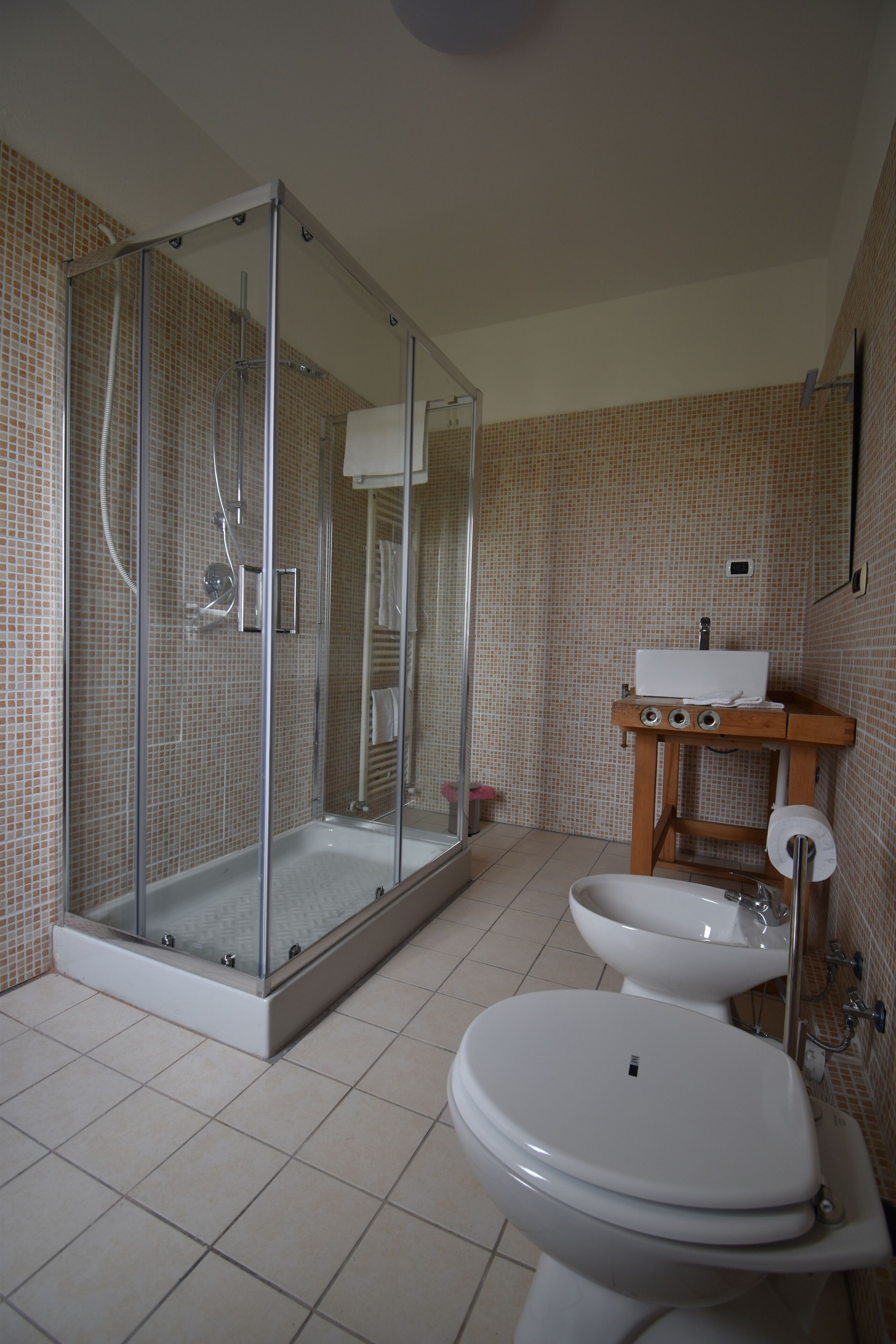 A bathroom with a glass-enclosed shower, a sink, and a toilet.