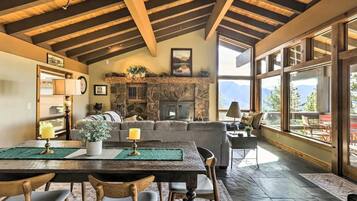 TV, fireplace, books