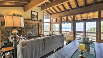 TV, fireplace, books