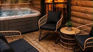 A wooden cabin with a hot tub, wicker furniture, and a small table with a plant. - Stunning and Expansive 15 bedrooms Situated Close to Ski Slopes (McGaheysville)