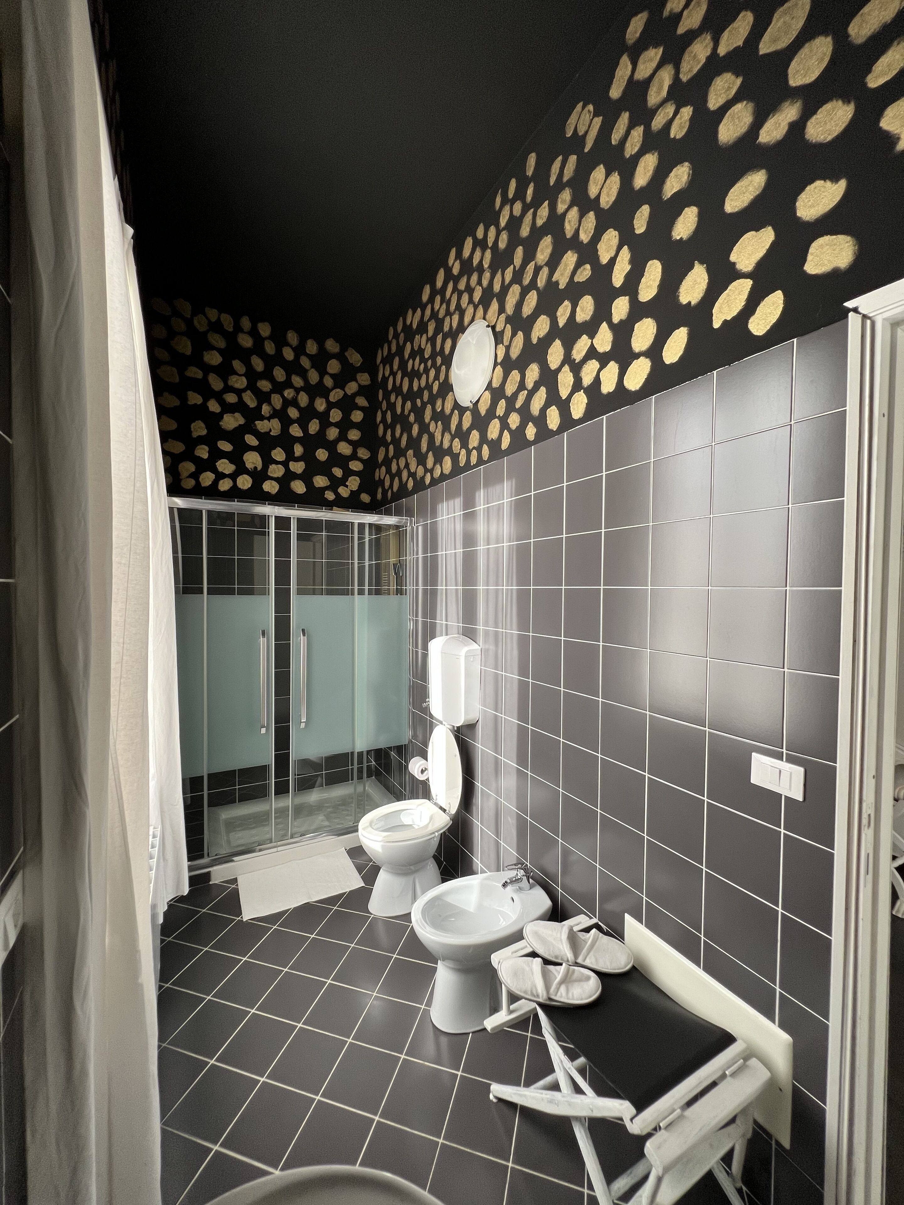 Un bagno con pareti piastrellate di nero, un water, un bidet e una zona doccia.