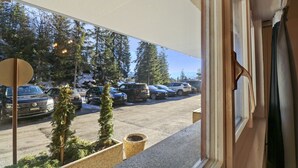 Blick aus einem Fenster auf einen Parkplatz mit mehreren Autos und einer Reihe von Nadelbäumen.