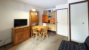 A compact living space with a kitchenette, a dining area with a TV, and a sofa.
