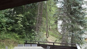 An outdoor deck with a table and chairs, surrounded by dense forest and tall trees. - Chalet for 11, slopeside, fireplace, Les Orres (Les Orres)