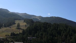 A mountainous landscape with dense forests, a clear sky, and a small cabin in the foreground.