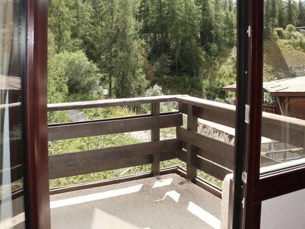 A balcony with a view of a forested area.