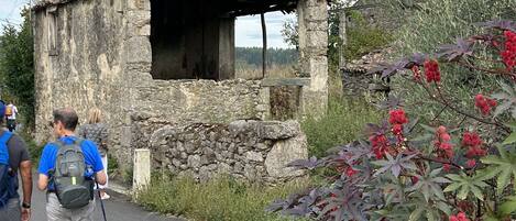 A rustic stone building with a wooden roof, surrounded by greenery and red flowers.