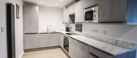 Fridge, dishwasher, electric kettle, toaster