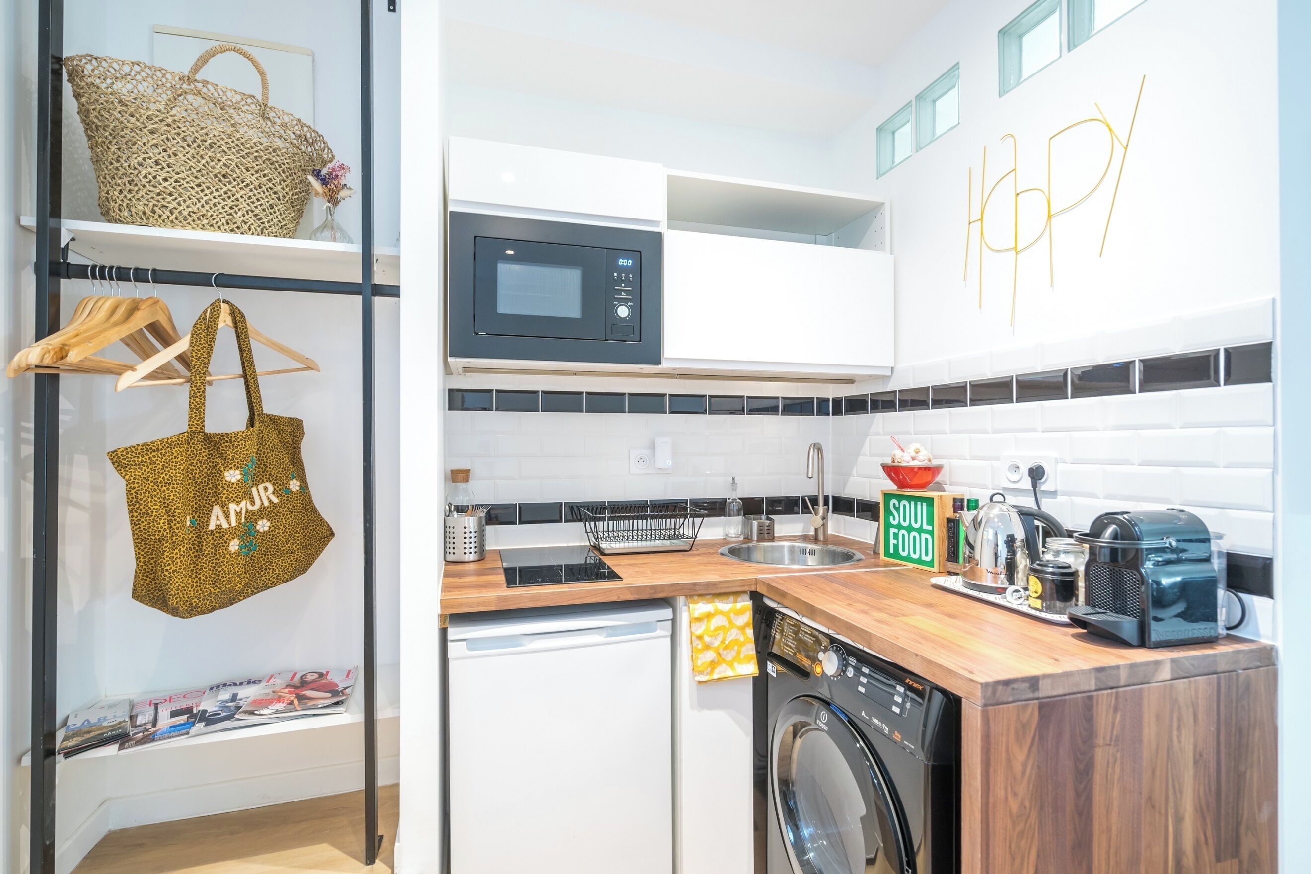 Fridge, microwave, coffee/tea maker, eco-friendly cleaning products