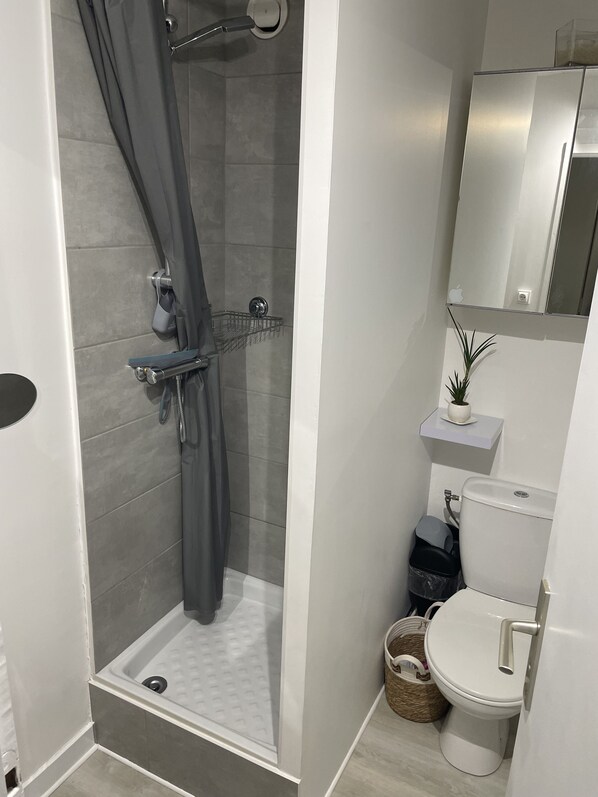 A modern bathroom with a shower enclosure, a toilet, a sink, and a mirror. - Cosy Studio Port Cap D'agde (Agde)