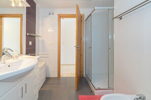 Shower, hair dryer, bidet, towels