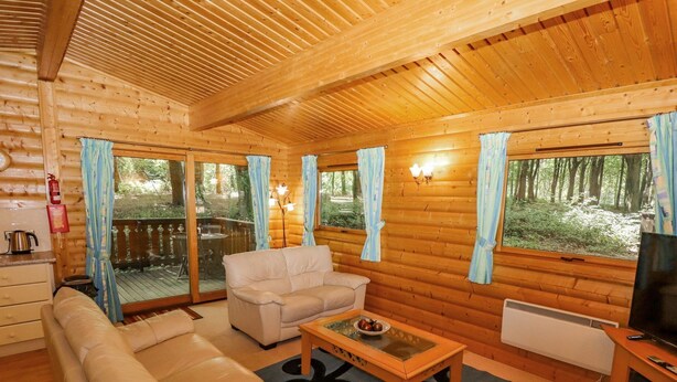 A log cabin interior with a sofa, armchair, and a coffee table. - Bamboo Retreat (Louth)