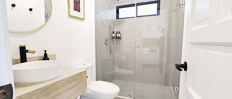 Shower, hair dryer, towels