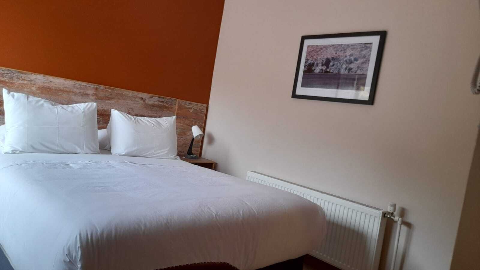 A hotel room with a large bed, white bedding, a wooden headboard, a bedside table with a lamp, and a framed picture on the wall.