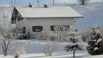 A snow-covered house with a sloped roof, a chimney, and a small porch area.