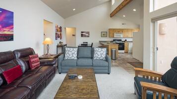 Smart TV, fireplace, books