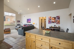 Smart TV, fireplace, books