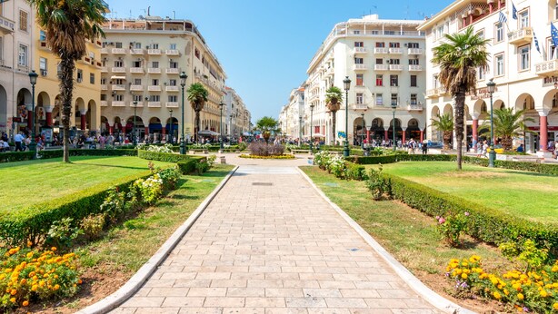 Un camino peatonal central bordeado por edificios con balcones, rodeado de jardines cuidados y palmeras.