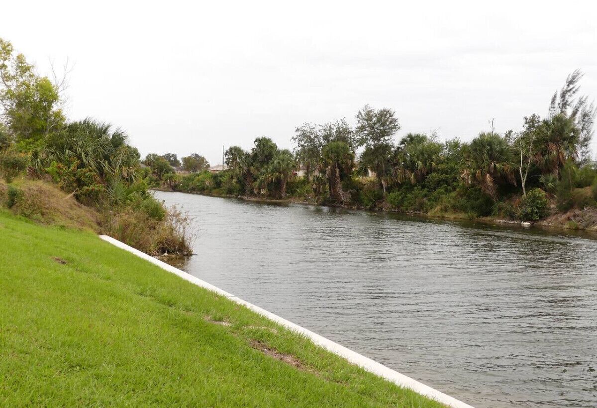 A river with a grassy bank and trees in the background.