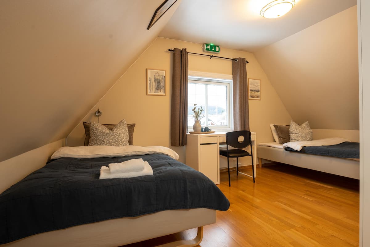 A bedroom with two beds, a desk, and a chair.