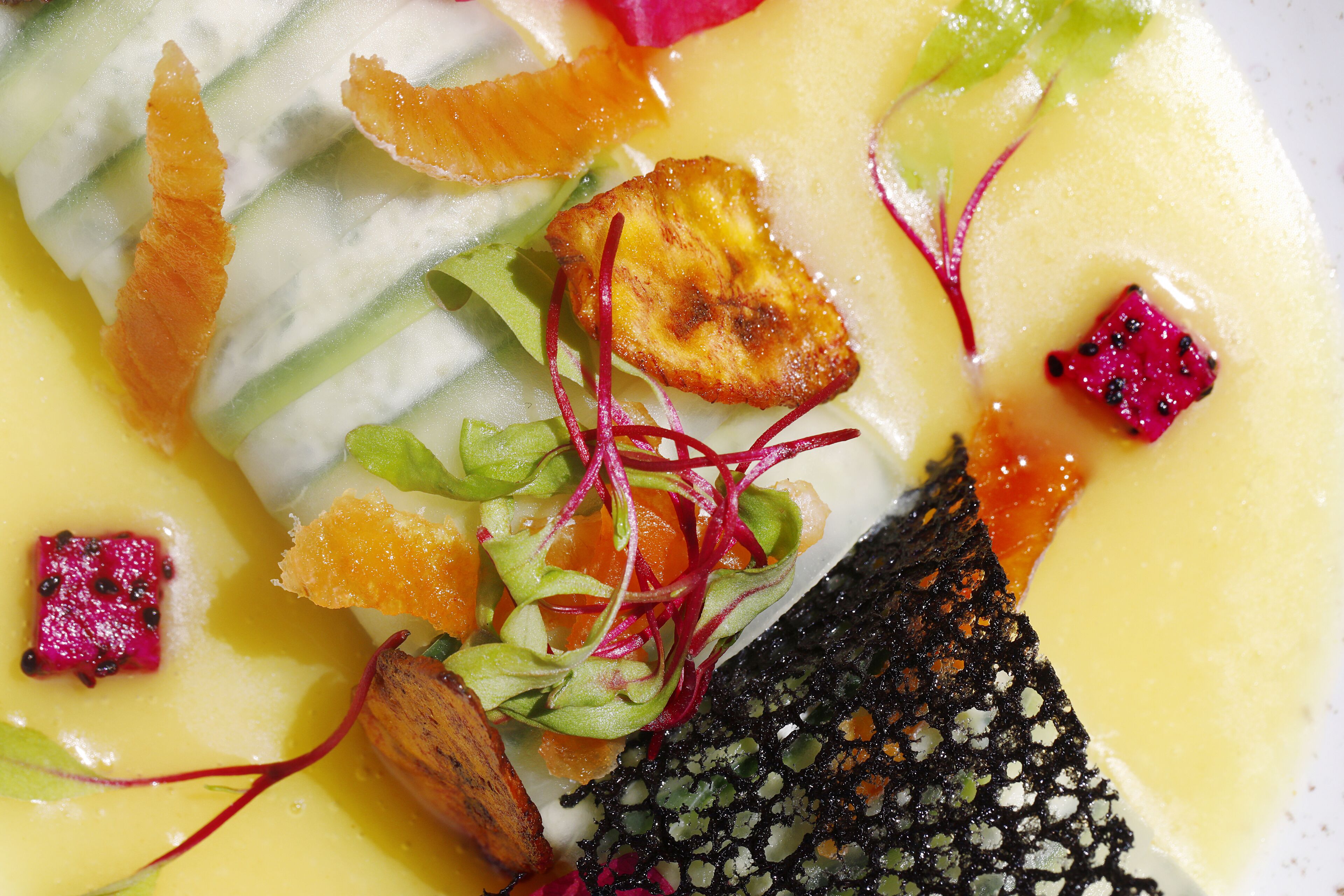A close-up of a dish with various ingredients.