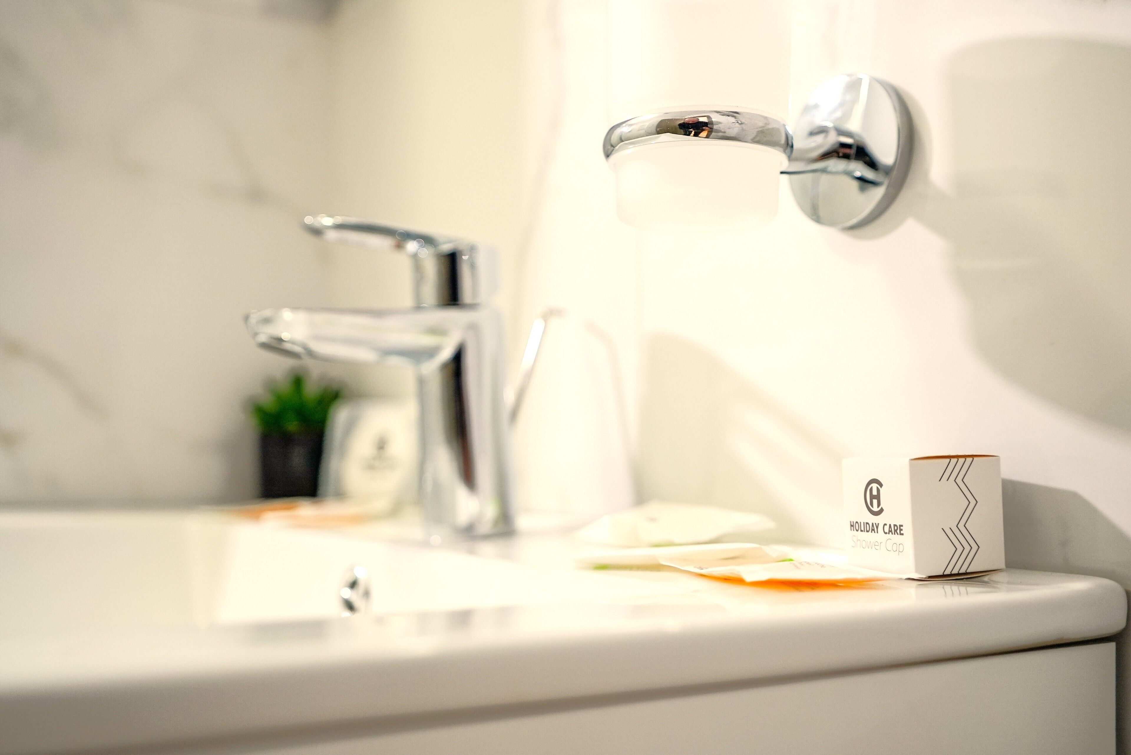 A bathroom sink with a chrome faucet, a small potted plant, and a box labeled "Holiday Care Shower Cap" on the countertop.