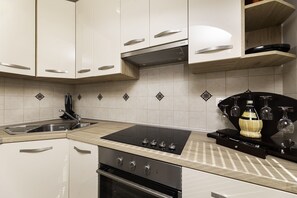 Fridge, oven, stovetop, cookware/dishes/utensils