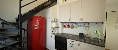 Full-size fridge, oven, cookware/dishes/utensils