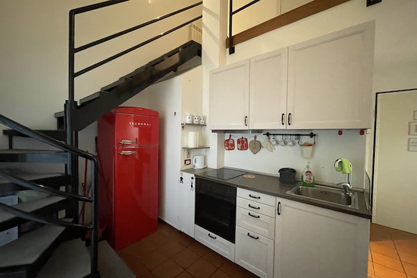 Full-size fridge, oven, cookware/dishes/utensils