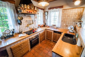 Fridge, oven, dishwasher, cookware/dishes/utensils