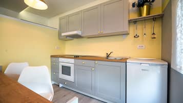 Fridge, oven, stovetop, cookware/dishes/utensils