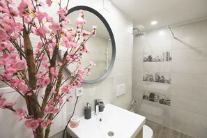 Shower, hair dryer, towels