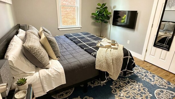 Un dormitorio con cama, mesita de noche, lámpara, planta en maceta y televisor.