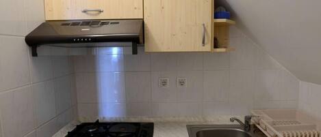 Een koelkast, een oven, een kookplaat, kookgerei, borden en bestek