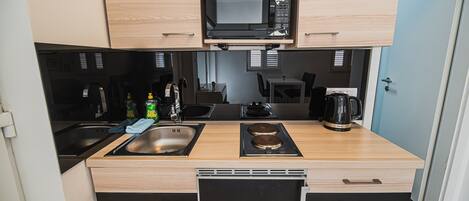 Fridge, microwave, stovetop, cookware/dishes/utensils