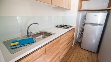 Fridge, microwave, stovetop, cookware/dishes/utensils