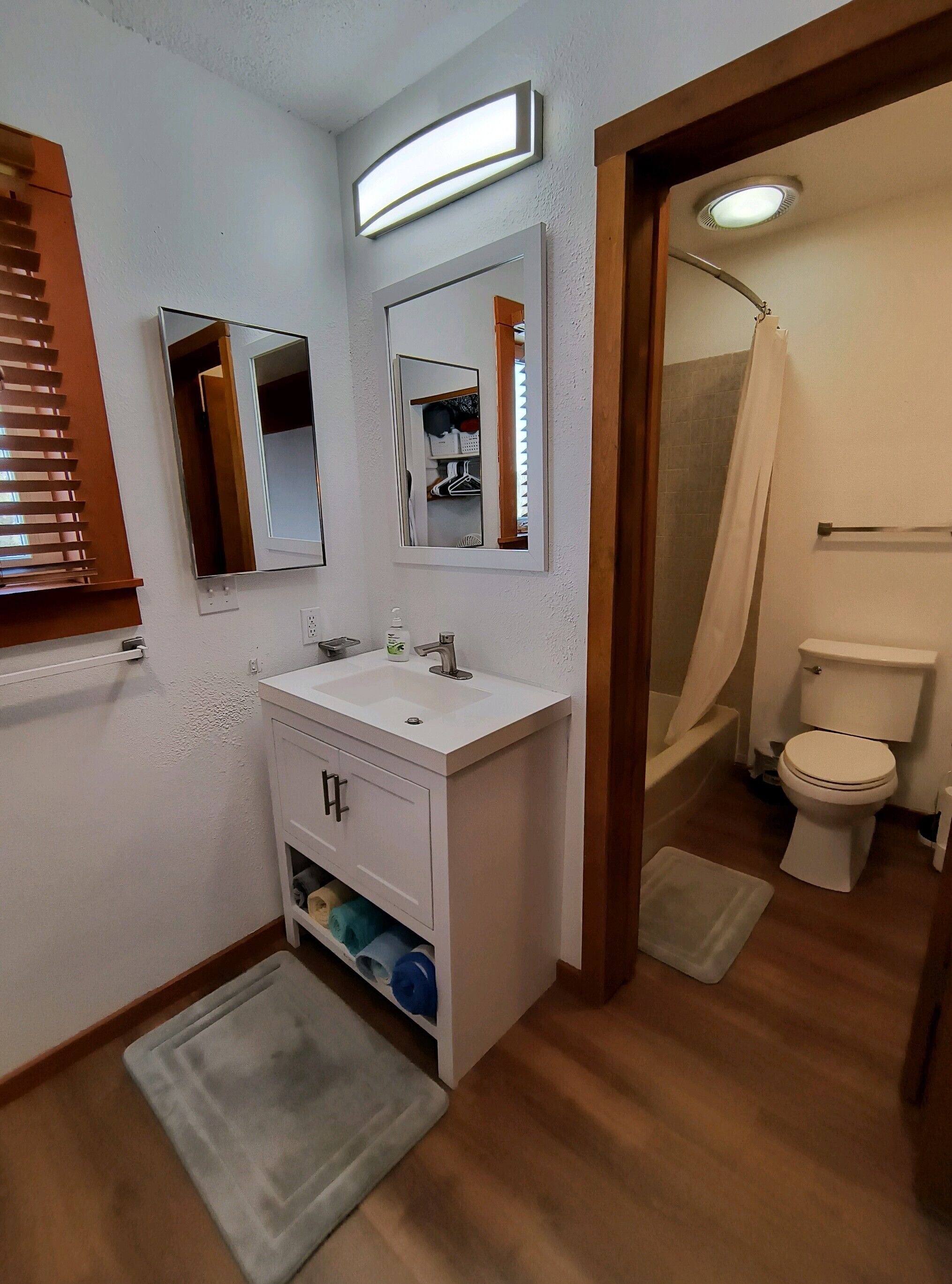 Hair dryer, towels, soap, shampoo