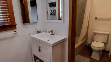 Hair dryer, towels, soap, shampoo