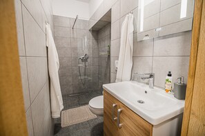 Douche, séchoir à cheveux, serviettes fournies