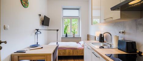 Fridge, microwave, dishwasher, toaster