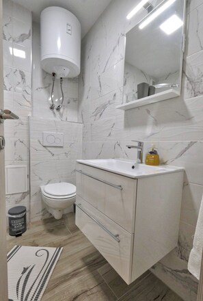 Shower, hair dryer, towels