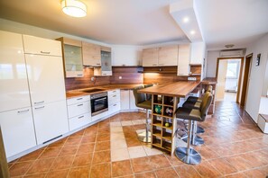 Fridge, oven, cookware/dishes/utensils