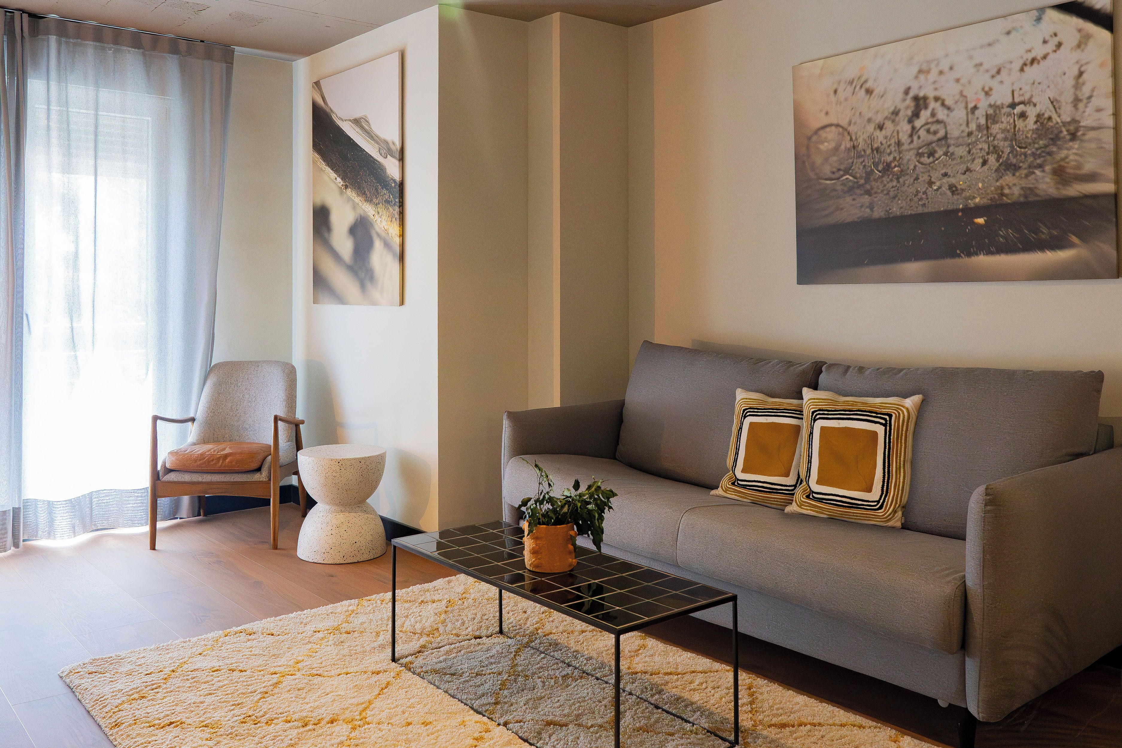 A living room with a sofa, a coffee table with a plant, a chair, and a rug.